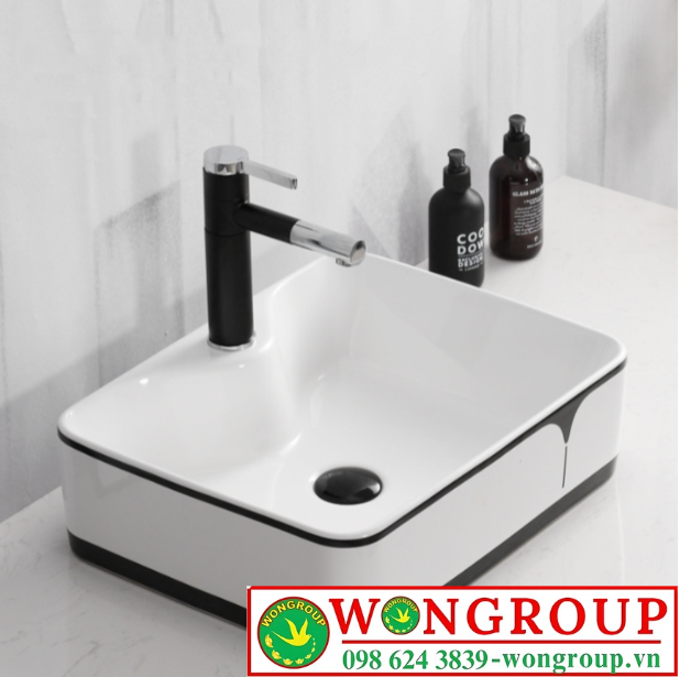 Chậu Lavabo Đặt Bàn Sứ Trắng Viền Đen Cao Cấp WonGroup NV-434VD